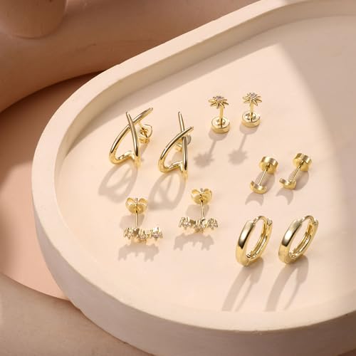 FUNRUN JEWELRY Stud Earrings for Women Trendy-14K Gold Plated Earring Studs Set Hypoallergenic Flatback Stud Earrings Small Dainty Sterling Silver Earring Stacks for Sensitive Ears - style: 14K Gold Studs Earrings
