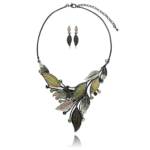 AMYJANE Vintage Statement Jewelry Set - Spring Leaf Flower Floral Plant Necklace Earring Set Crystal Rhinestone Fashion Costume Jewelry for Women Prom Party Unique Gift - style: Green Leaves Jewelry Set