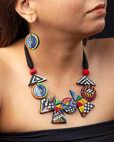 Bold Multicolor Geometric Terracotta Jewelry Set Hand-Painted Clay Necklace with Earrings | Artisan Handmade Statement Boho Jewelry for Women | Gift for Her - color: Multicolour Geometric