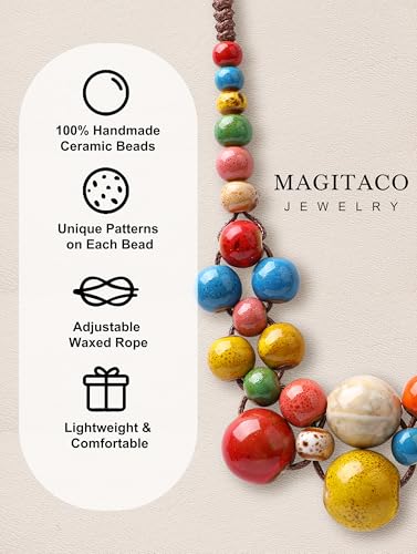 Magitaco Chunky Boho Statement Necklace for Women - Handmade Colorful Ceramic Beaded Hippie Jewelry, Adjustable Long Bohemian Necklaces for Casual Wear