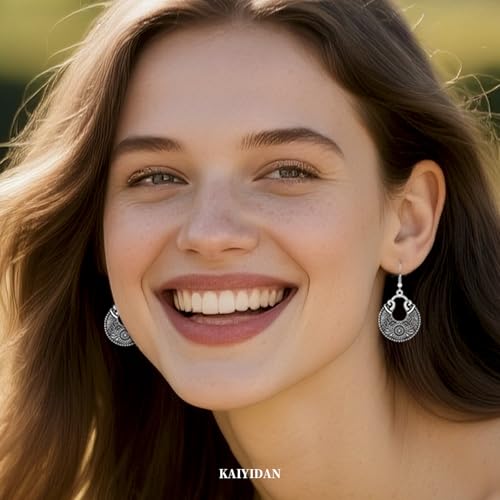 Silver Dangle Earrings For Women Trendy,Boho Cute Drop Western Earings,Vintage Gothic Ethnic Statement Beach Vacation Long Earrings with Leaf Teardrop Turquoise Crystal Tassels,Fashion Jewelry Birthday Gift. - color: A37) Vintage Engarved Loops Dangle