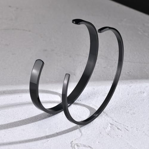 MEALGUET Stainless Steel Mens Cuff Bracelet : Minimal Cool Silver/Black/Gold Plated Open Metal Cuff Bangle Bracelets for Men,Mens Bracelet Jewelry Gift - color: Black-2-Pack, size: Medium( fit 5.5"-7.2" wrist)
