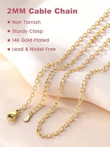 FOCALOOK Womens Chain Necklaces 1mm/1.4mm/2mm Cable Chain Necklace, 316L Stainless Steel Silver/Black/14K Gold/Rose Gold Plated, Hypoallergenic Chains for Pendant,14-30" - color: 2mm 14K Gold Plated, size: 26 Inch