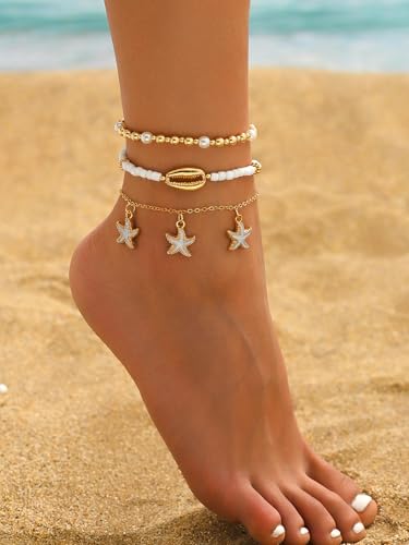 INENIMARTJ Shell Anklet Bracelet for Women Gold and White Beaded Elastic Stack Ankle Bracelet Hawaiian Beach Seashell Starfish Anklet Puka Shell Starfish Foot Jewelry for Women Beach Accessories - style: style C