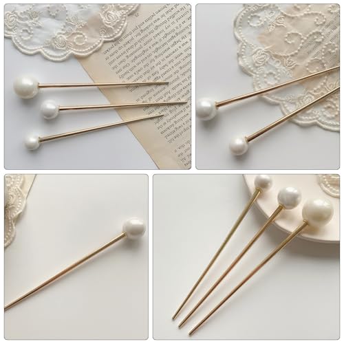 FOMIYES Metal Pearl Chopsticks Hair Sticks Set - 3 Pcs Chinese Hair Pins Clips for Women
