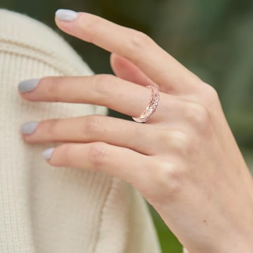 Dainty Engraved Plumeria Flower Ring, 14K Gold Plated Hawaiian Princess Plumeria Flower Scroll Promise Ring Stackable Wedding Engagement Band Jewelry for Women or Men - color: Rose Gold