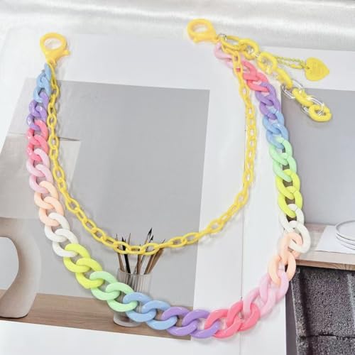 Y2k Heart Pendant Rainbow Acrylic Pants Trousers Chain for Women Chunky Colorful Resin Removable Love Charm Layered Rock Wallet Belt Pocket Waist Jeans Belly Chains Backpack Body Accessories - color: Yellow