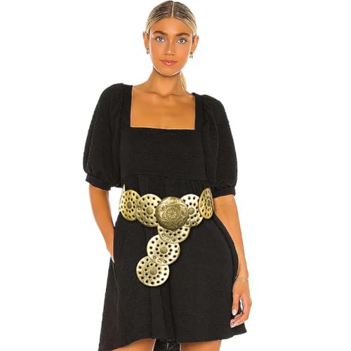 Wide Disc Belt for Women Vintage Leather Hollow Out Round Belt Western Waist Belt - color: Copper Gold, size: S (39.7 in)