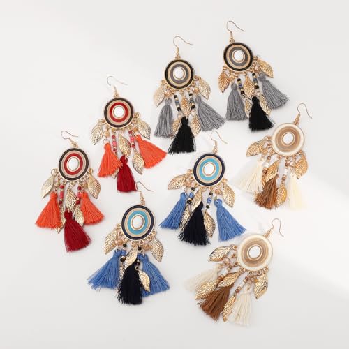 Bohemian Silk Tassels Statement Earrings Vintage Lightweight Gold Leaf Geometric Handmade Beads Drop Dangle Earring Ethnic Style Trendy Jewelry Accessories for Women - color: Blue