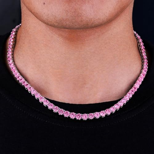 Savlano 18K Gold Plated Cubic Zirconia Round 4.5MM Classic Tennis 18 Inches Chain Necklace For Women & Men Comes With a Gift Box - color: White Gold-Pink CZ