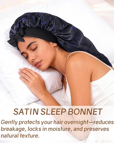 AWAYTR Long Satin Bonnet for Braids - Elastic Silk Hair Bonnets for Sleeping Night Cap Stretchy Tie Band for Women(Midnight) - color: Midnight