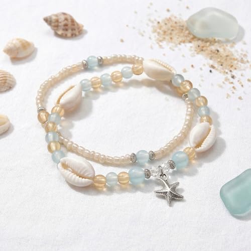 Boho Beads Beach Layered Anklet Set for Women, Handmade Gold Starfish Pearl Shell Anklets Summer Ocean Accessories Jewelry Gift - color: Bead Starfish