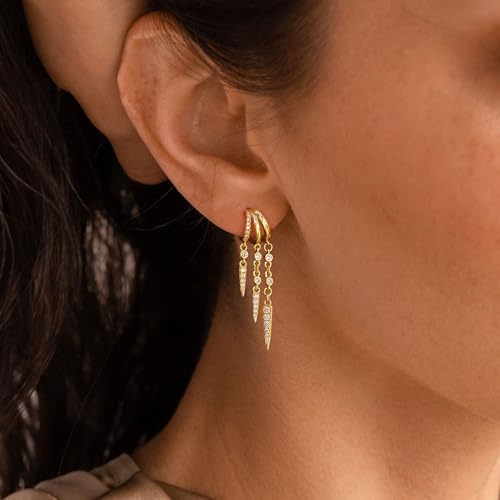 Dangle Earrings For Women, Dainty Gold Drop Statement Earrings 14K Gold Plated Long Huggie Earrings for Women Trendy Hypoallergenic Dangly Earrings Small Triple Hoops Earrings Fashion Jewelry - color: gold-three
