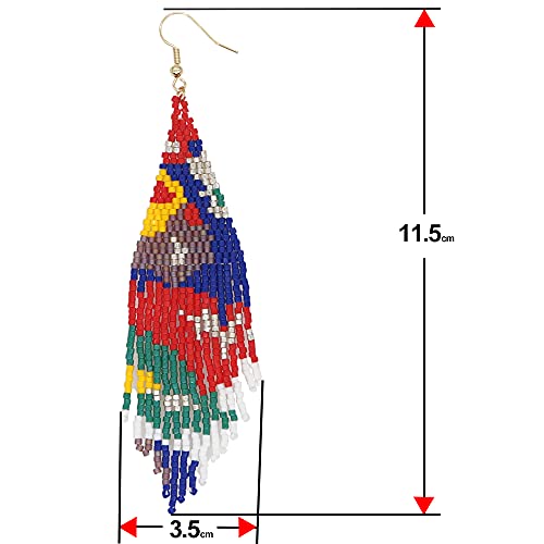 Flower Black Beaded Long Tassel Western Native American Earrings For Women Dangling - color: blue