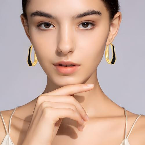 Chunky Hoop Earrings for Women Thick Minimalist Geometric Huggie Hoop Earrings Dainty Thick Y2K Preppy Earrings - style: irregular wave black