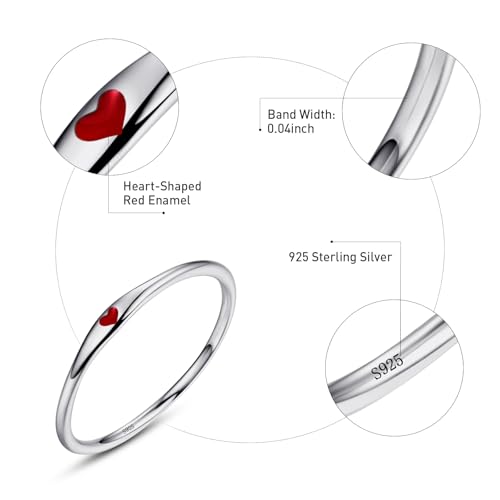 925 Sterling Silver Heart Ring for Women, 1mm Ultra Thin 14K Plated Gold Hypoallergenic Wedding Band with Black/Yellow/Red/Blue/Pink Love, Promise Stack Travel Jewelry Gifts Size 5-10 - color: D-Silver-Red