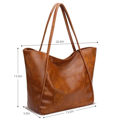KKXIU Large Tote Bag for Women with Zipper Work Leather Travel Purse and Handbags - color: Brown