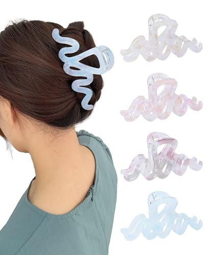 4Pcs Large Hair Claw Clips, Nonslip Cute Jelly Hair Clips for Thick Hair and Long Hair - color: Wave-Silver + Rose Pink + Purple + Blue