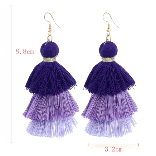 Bohemian Layered Earrings for Women Vintage Three-Layer Ombre Gradient Tassels Earrings Long Statement Tiered Fringe Drop Dangle Earring Elegant Beach Wedding Dangle Earring for Summer Seaside Festivals - color: Purple