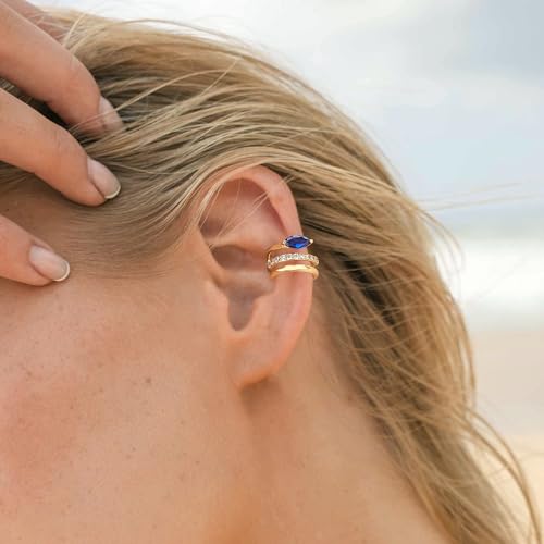 MTMY Gold Ear Cuff Earring for Women 14K Gold Plated Cubic Zirconia Non-Pierced Clip on Cartilage Chunky Ear Cuffs Hypoallergenic Jewelry - style: blue eye / pair