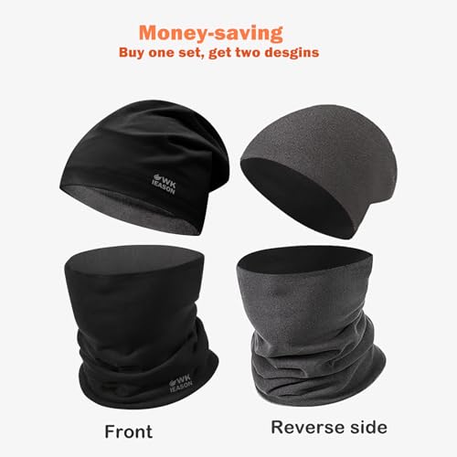 WK IEASON Winter Thermal Fleece Hat Scarf Set for Men Women Warm Windproof Cap Neck Warmer Fleece Beanie Scarf Set for Skiing - color: Solid Black