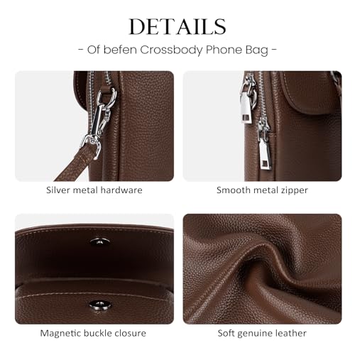 befen Genuine Leather Small Crossbody Bags for Women, Multi Pocket Cell Phone Crossbody Purse with RFID Blocking Card Slots - color: Dark Brown