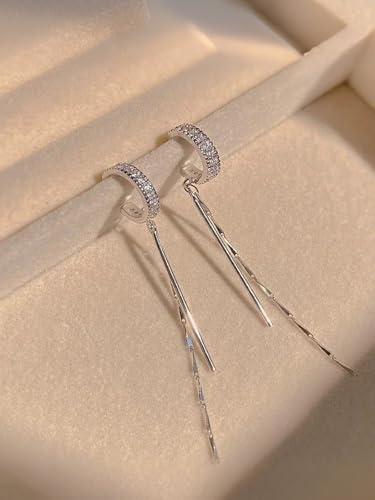 Silver Chain Earrings for Women Dainty Long Tassel Chain Hoop Earrings Layered Shiny Ring Non Piercing Earring Y2K Drop Dangle Cuff Earring Crystal Huggie Clip Hoops Gift for Her - color: Right Ear