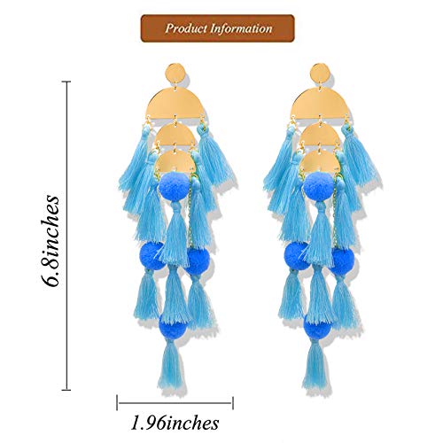 Long Tassel Earrings for Women Colorful Fringe Drop Dangle Earrings Bohemian Hawaiian Summer Beach Jewelry for Womens Vacation Outfits - color: Sky Blue