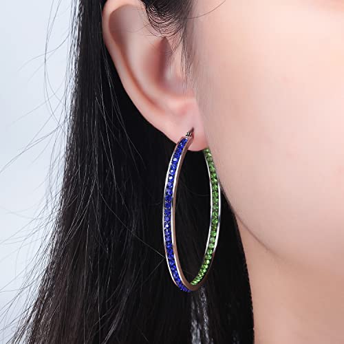CiNily Mult-colors Crystal Stainless Steel Hoop Earring for Women Hypoallergenic Jewelry for Sensitive Ears Large Big Hoop Earrings 2" - color: Blue and Green