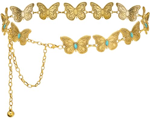 Women Western Chain Belt Adjustable Turquoise Metal Waist Chain Boho Chain Link Belt for Jeans or Dresses - color: Turquoise Butterfly Gold, size: M: 47.2 in/120 cm