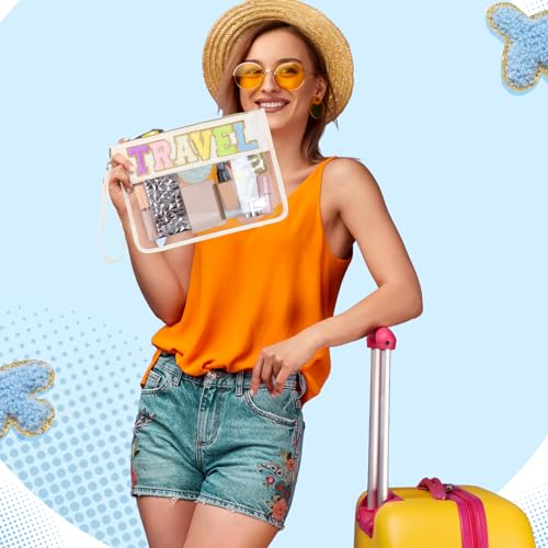 Hillban 2 Pcs Clear Travel Bags Chenille Letter Makeup Cosmetic Toiletry Bags Weekend Gifts Preppy Patch Zipper Pouch for Travel Waterproof Flat Portable Storage Purse for Women - style: Travel Theme