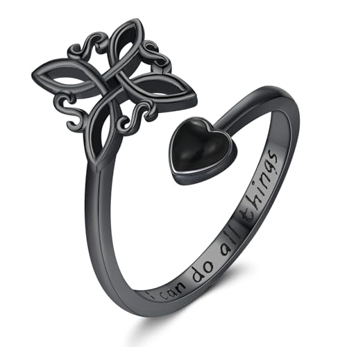 Witches Knot Ring 925 Sterling Silver Adjustable Black Onyx/Turquoise Gravel/Moss Agate/Turquoise/Moonstone Witch Ring Celtic Knot Amulet Wiccan Pagan Protection Jewelry Gifts for Women - style: Black Onyx Black Gold