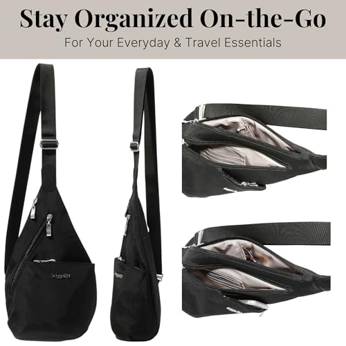 Baggallini Mini Sling - 12x7 Sling Crossbody Bag Backpack with Adjustable Shoulder Strap - color: Black/Sand