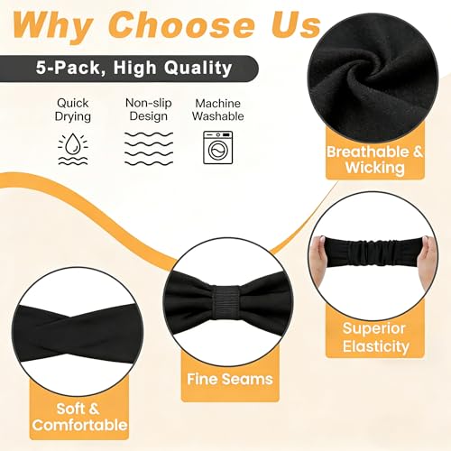 5 Pack Wide Headbands for Women, Sweat-Absorbing Sport Sweatbands, Soft Elastic Yoga Hairbands, Comfortable Hair Bands for Fitness Workout Travel Exercise - color: 5-Pure Black