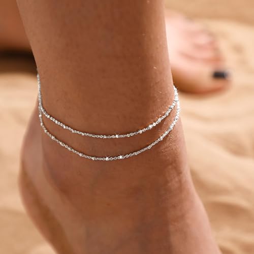 MIDEEO Gold/Silver Ankle Bracelets for Women,14K Gold Anklets for Women Waterproof Cuban Link Heart Beads Herringbone Rhinestone Anklets Set Layered Anklet Bracelets for Women Gold Jewelry Gift - style: 2 Layers Anklet A-Sliver