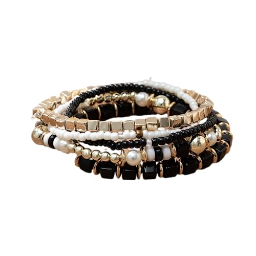 LSxAB Women Multilayered Beads Bracelet Set Stackable Boho Style Beaded Stretch Strand Wrap Birthday Jewelry - style: Black 5PC
