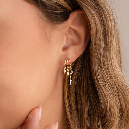 Dangle Earrings For Women, Dainty Gold Drop Statement Earrings 14K Gold Plated Long Huggie Earrings for Women Trendy Hypoallergenic Dangly Earrings Small Triple Hoops Earrings Fashion Jewelry - color: gold-star