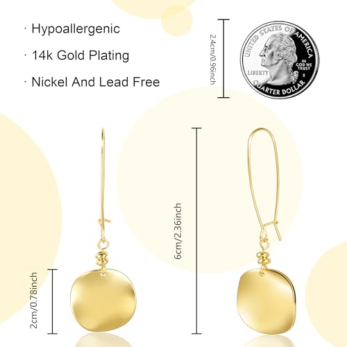 14K Gold Dangle Earrings for Women，Lightweight Circle Disc Coin Geometric Flat Brushed Drop Earrings, Hypoallergenic Leverback Earrings Jewelry - color: C-14K Gold