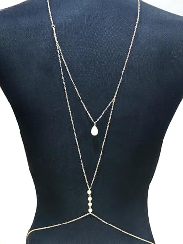 MODRSA Gold Body Chain Jewelry for Women Back Necklace for Backless Dress Backdrop Pearl Rhinestone Belly Chain Waist Chains Bra Chains Lingerie Summer Bikini Bodychain Trendy Sexy Stomach Jewelry - color: B2- Back Jewelry -Pearl only gold