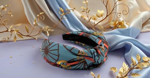 Knotted Headband for Women, Colorful Satin Fabric with a Soft Silk Feel, Adjustable Girls Headbands Year-round Vintage-Looking, Sky Blue Chain Belt, Baroque Pattern Top Knot Head bands - color: Blue