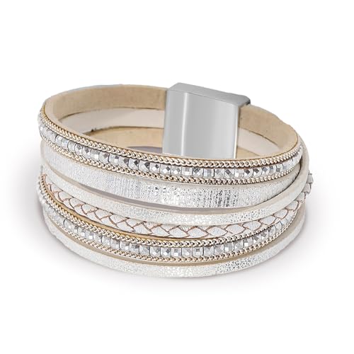 Fesciory Leather Wrap Bracelets for Women, Boho Leopard Multi-Layer Crystal Beads Cuff Bracelet Jewelry - color: Boho Braid(White)