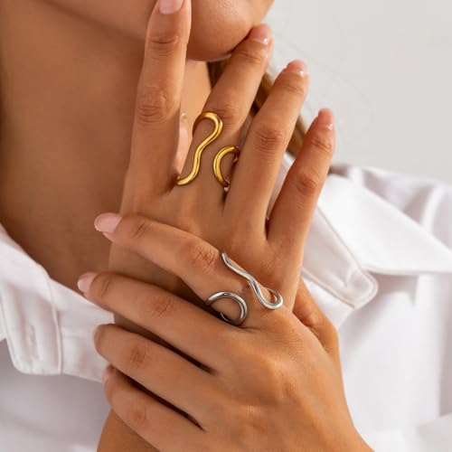 Thumb Rings for Women Chunky Gold Rings for Women Non Tarnish Stainless Steel Adjustable Rings Thumb Silver Ring Wave Curve Ring Dainty Unique Rings - style: 1 - gold