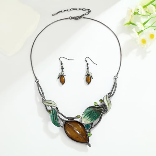 Vintage Chunky Statement Jewelry Set Retro Leaf Floral Geometric Bohemian Boho Bib Necklace Earring Set Fashion Costume Jewelry for Women Girls Wedding Party Prom Unique Gift - style: leaf resin JS black yellow-green