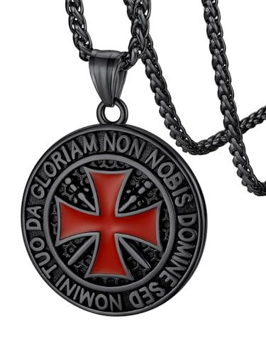 FaithHeart Knights Templar Necklace for Men, Christian Necklace for Men Stainless Steel Pendant Neckalces Christian Gifts with Gift Box - color: 01. Medal-Black