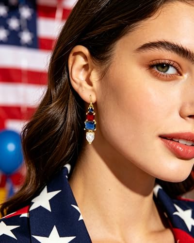 Colorful Cubic Zirconia Dangle Earrings for Women Multicolor Crystal Earrings Rainbow Cz Dangling for Birthstone Jewelry - color: Red and Blue
