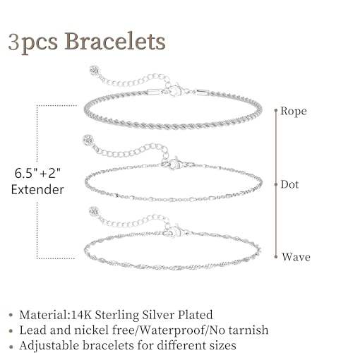 DEARMAY Sterling Silver Plated Bracelets Set for Women Waterproof, Non Tarnish Sterling Silver Link Chain Bracelets Pack Dainty, Fashion Jewelry Gifts for Everyday Comfortable - color: 3Pcs Silver Bracelet A
