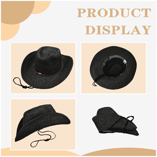 Straw Cowboy Hats Western Cowgirl Hat for Holiday Woven Beach Sun Hat with Shapeable Wide Brim Cowboy Hat for Women/Men - color: Black