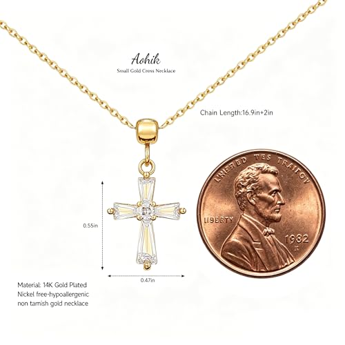 14K Gold Plated Cross Pendant Necklaces for Women Trendy, Dainty Choker CZ Cross Necklace Non Tarnish,Simple Tiny Cross Necklace for Jewelry Gifts - style: T-Crystal Gold