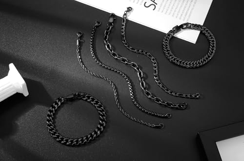 XIANNVXI 6pcs Bracelets for Men Gifts for Him Stainless Steel Bracelet Silver/Gold/Black Cuban Link Rope Paperclip Chain Bracelets Set 6.5/7/7.5/8.3/9 Inches Metal Bracelet Mens Fashion Accessories Jewelry Gifts Set - color: Black, size: 6.5 in-Women X-Sm
