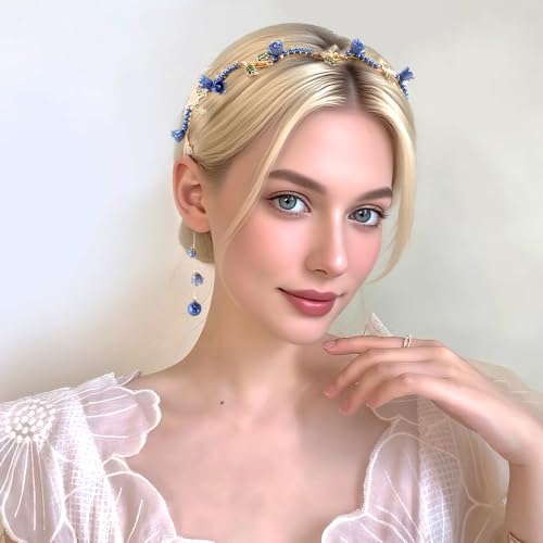AHONEY Blue Flower Headband for Women Girls Hair Vine Leaf Boho Headband Wedding Fairy Accessories Headpiece - color: Blue